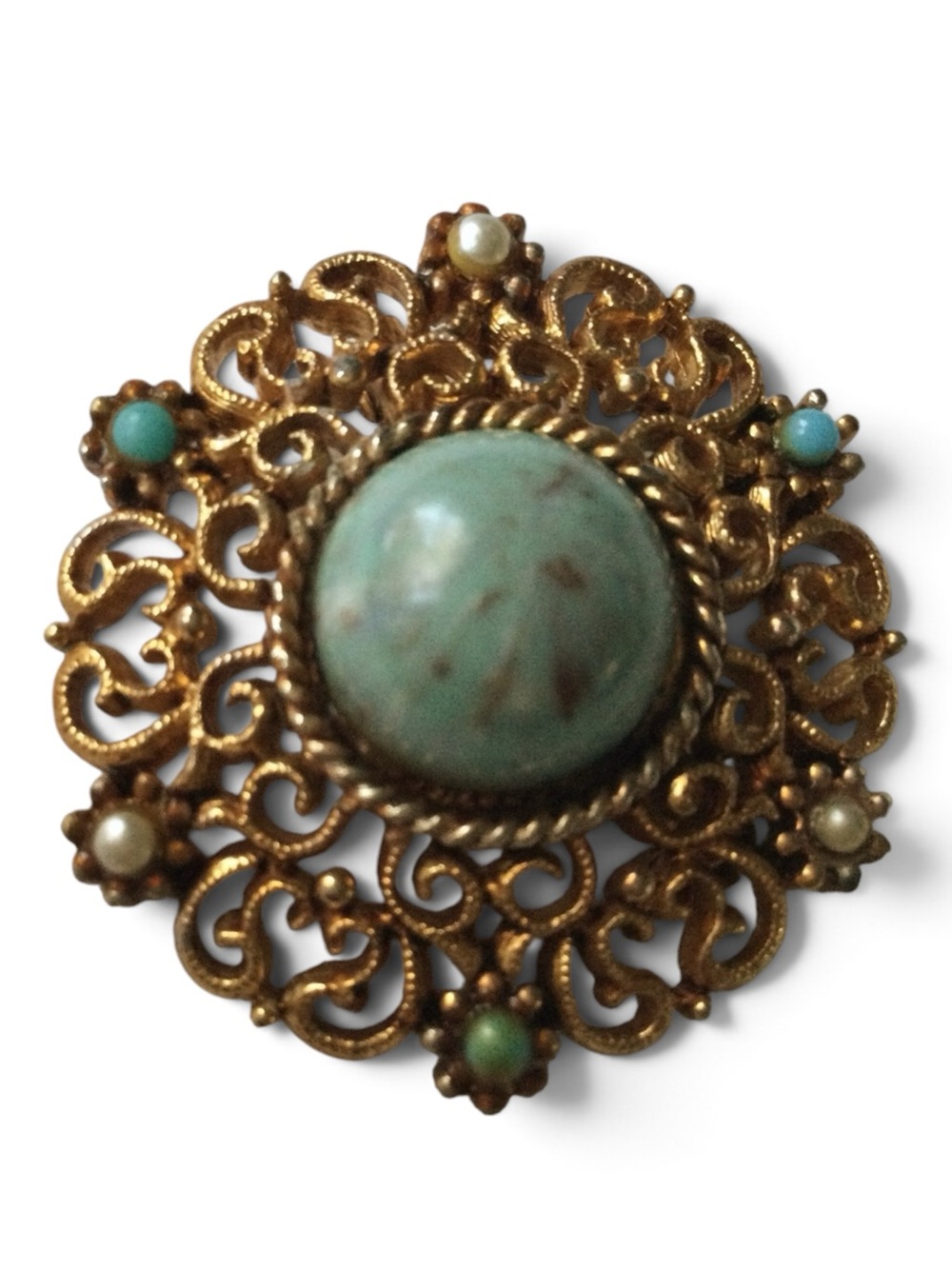 Vintage JJ Gold‑Tone Filigree Brooch with Faux Turquoise & Faux Pearls